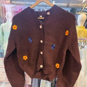 Chocolate Brown Floral Knit Korean Sweater